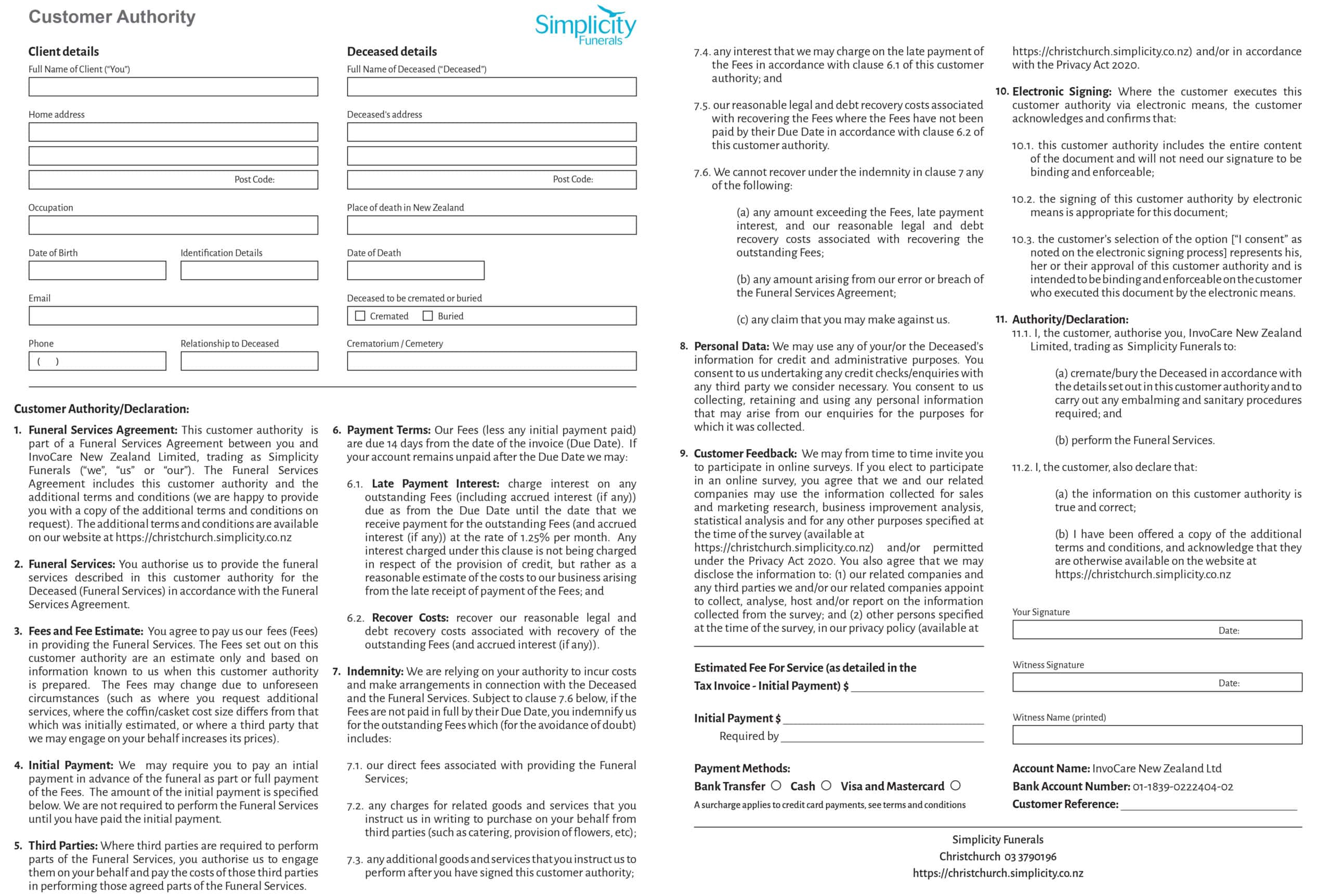 G Barrell & Sons Simplicity Funerals Customer Authority Form